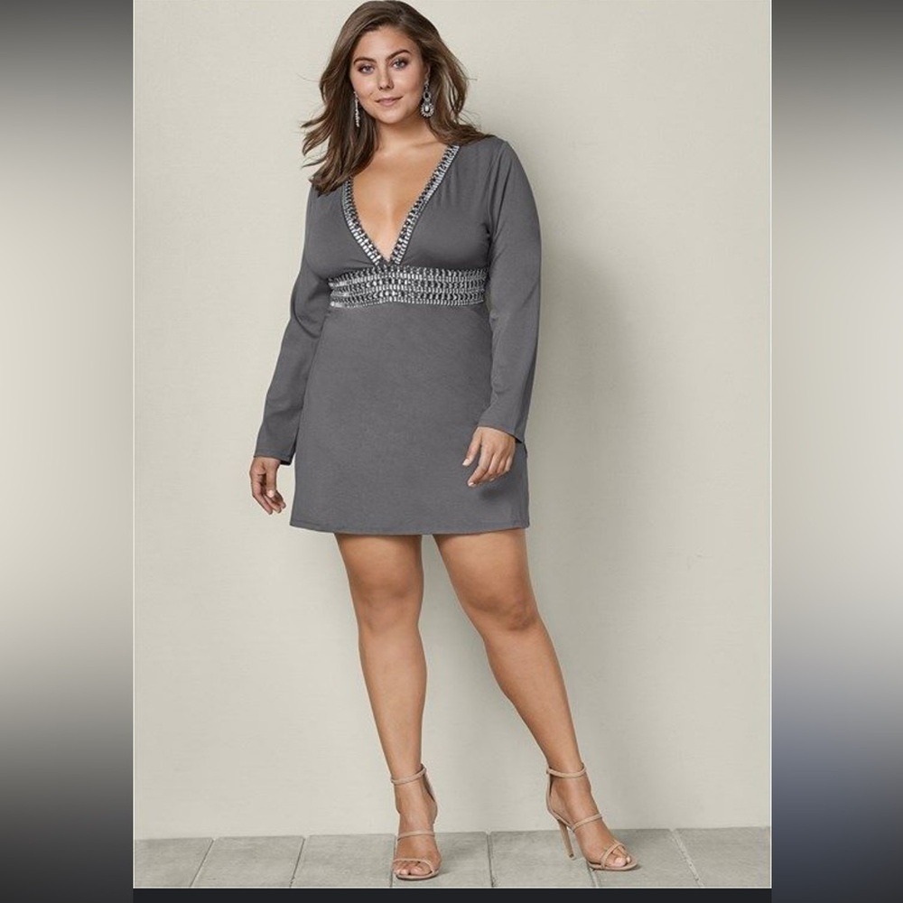 VENUS women’s 16 XL dress mini gray cocktail embellished jewels long sleeve NWT